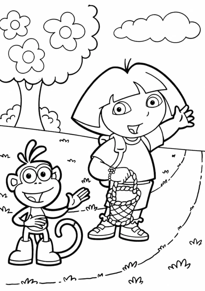 A girl and a monkey are waving for spring coloring page